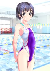 Rule 34 | 1girl, absurdres, arms behind back, black hair, blurry, blurry background, breasts, brown eyes, clothes writing, competition swimsuit, cowboy shot, highres, lane line, logo, looking at viewer, multicolored clothes, multicolored swimsuit, one-piece swimsuit, original, ponytail, pool, short hair, short ponytail, small breasts, smile, solo, standing, string of flags, swimsuit, takafumi