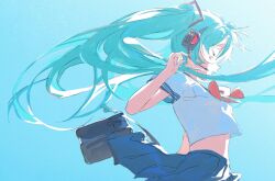 Rule 34 | 1girl, aqua background, aqua hair, bag, blue skirt, bow, bowtie, closed eyes, commentary, floating hair, from side, hatsune miku, headset, highres, long hair, navel, open mouth, profile, red bow, red bowtie, shirt, short sleeves, sketch, skirt, smile, solo, twintails, upper body, very long hair, vocaloid, white shirt, yuyin (uzrv7533)