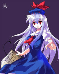 Rule 34 | 1girl, alphes (style), blue hair, blush, breasts, female focus, hat, kamishirasawa keine, long hair, parody, red eyes, scroll, silver hair, simple background, solo, style parody, tokin hat, touhou, yetworldview kaze