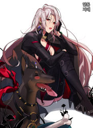 Rule 34 | 1girl, black dress, black footwear, black gloves, bone, bowl, cleavage cutout, clothing cutout, dog, dress, dungeon and fighter, expressionless, gloves, kasy, long hair, long sleeves, pet bowl, sitting, solo, spectre (dungeon and fighter), tongue, tongue out, white background
