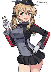 Rule 34 | 1girl, anchor hair ornament, aqua eyes, black skirt, blonde hair, hair ornament, hat, highres, kantai collection, long hair, low twintails, microskirt, military, military hat, military uniform, one-hour drawing challenge, peaked cap, pleated skirt, prinz eugen (kancolle), skirt, solo, twintails, twitter username, uniform, v, white background, yamano rita