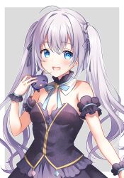 Rule 34 | 1girl, :d, ahoge, animal, animal on shoulder, bare shoulders, black bow, black cat, black dress, blue bow, blue eyes, blush, bow, braid, breasts, cat, commentary request, dress, grey background, grey hair, hair between eyes, hair bow, hand up, liver city, looking at viewer, mashiro aa, nekozuki mio, open mouth, sidelocks, small breasts, smile, solo, strapless, strapless dress, twintails, two-tone background, virtual youtuber, white background, wrist cuffs