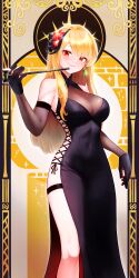 Rule 34 | 1girl, absurdres, alternate costume, black dress, black gloves, blonde hair, breasts, cleavage, covered navel, dress, earrings, elbow gloves, flower, gloves, hair flower, hair ornament, highres, hololive, hololive indonesia, jewelry, kaela kovalskia, large breasts, long hair, radi (pixiv 88192217), red eyes, see-through, see-through cleavage, sideless outfit, single earring, smile, thigh strap, virtual youtuber