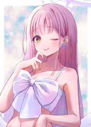 Rule 34 | 1girl, alternate hairstyle, angel wings, bikini, blue archive, blush, bow, closed mouth, collarbone, halo, highres, long hair, looking at viewer, mika (blue archive), miyai (myai04), navel, one eye closed, pink hair, purple halo, smile, solo, swimsuit, tongue, tongue out, upper body, white bikini, white bow, white wings, wings, yellow eyes