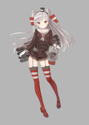 Rule 34 | 10s, 1girl, amatsukaze (kancolle), brown eyes, closed mouth, d.r (liu1029367675), dress, floating hair, full body, garter straps, gloves, gluteal fold, grey background, hair tubes, hat, kantai collection, long hair, long sleeves, looking at viewer, mini hat, red thighhighs, rensouhou-kun, rigging, sailor collar, sailor dress, silver hair, simple background, solo, thighhighs, two side up, white gloves