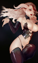 Rule 34 | 1girl, bare shoulders, blonde hair, breasts, demon girl, detached sleeves, fangs, heart, heart cutout, highres, horns, instant ip, large breasts, monster girl, multicolored hair, navel, one eye closed, original, red eyes, red hair, skindentation, solo, demon girl, teeth, thighhighs, thighs, tongue