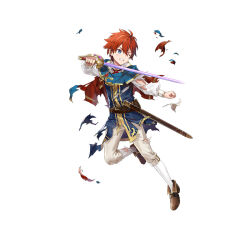 Rule 34 | 1boy, aged down, azu-taro, blue eyes, brown footwear, capelet, clenched teeth, damaged, eliwood (fire emblem), fire emblem, fire emblem: the blazing blade, fire emblem heroes, holding, holding sword, holding weapon, male focus, neck ribbon, nintendo, official alternate costume, official art, one eye closed, red capelet, red hair, red ribbon, ribbon, sheath, solo, sword, teeth, torn clothes, v-shaped eyebrows, weapon