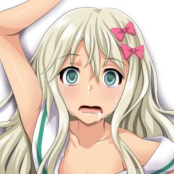 Rule 34 | 1girl, blonde hair, bow, collarbone, commentary request, dress, drooling, empty eyes, grecale (kancolle), green eyes, hair between eyes, hair bow, highres, kantai collection, long hair, open mouth, pink bow, runny nose, sailor collar, sailor dress, simple background, snot, solo, tears, tk8d32, white background, white dress, white sailor collar