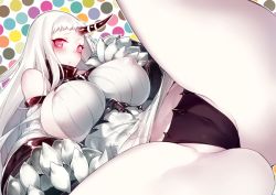 Rule 34 | 10s, 1girl, abyssal ship, bad id, bad pixiv id, bare shoulders, black panties, blush, breasts, claws, detached sleeves, dress, covered erect nipples, glowing, glowing eyes, horns, huge breasts, inayama, kantai collection, long hair, open mouth, pale skin, panties, red eyes, ribbed dress, seaport princess, short dress, sideboob, single horn, solo, spread legs, underwear, white hair