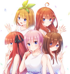 Rule 34 | 5girls, absurdres, ahoge, black ribbon, blue eyes, blunt bangs, blush, breasts, brown hair, butterfly hair ornament, check commentary, closed mouth, commentary, commentary request, dress, finger to cheek, go-toubun no hanayome, green ribbon, hair between eyes, hair ornament, hair ribbon, hand up, highres, index finger raised, long hair, looking at viewer, looking to the side, multiple girls, nakano ichika, nakano itsuki, nakano miku, nakano nino, nakano yotsuba, nyaa (nnekoron), open mouth, orange hair, petals, pink hair, quintuplets, red hair, ribbon, short hair, siblings, simple background, sisters, sleeveless, sleeveless dress, smile, star (symbol), star hair ornament, upper body, v, w, waving, white background, white dress
