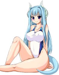 Rule 34 | 1girl, blue eyes, blue hair, blush, breasts, competition swimsuit, horns, large breasts, legs, long hair, matching hair/eyes, nanashi mushi, one-piece swimsuit, original, pointy ears, nanashi mushi, sitting, smile, solo, swimsuit, tail, thick thighs, thighs, very long hair