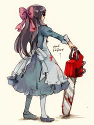 Rule 34 | 1girl, aya drevis, black hair, blood, blood on clothes, blood on face, blue dress, bow, chainsaw, copyright name, dress, english text, hair bow, half updo, long hair, mad father, mary janes, shoes, solo, wavily