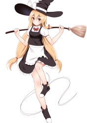 Rule 34 | 1girl, absurdres, apron, black footwear, black hat, blonde hair, bow, bowtie, braid, broom, closed mouth, full body, hat, hat bow, highres, holding, holding broom, kirisame marisa, long hair, looking at viewer, low-tied long hair, mantou xiang, red bow, red bowtie, short sleeves, side braid, simple background, single braid, solo, touhou, waist apron, white apron, white background, white bow, witch hat, yellow eyes