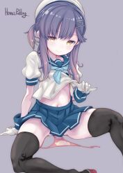 Rule 34 | 1girl, black thighhighs, blue neckerchief, blue ribbon, blue skirt, buttons, clothes lift, full body, gloves, gradient hair, hair ornament, hairclip, hat, highres, kantai collection, looking at viewer, midriff, multicolored hair, neckerchief, panties, pink panties, pleated skirt, puddinghomhom, puffy short sleeves, puffy sleeves, purple eyes, purple hair, ribbon, sailor hat, school uniform, serafuku, short hair, short sleeves, sidelocks, simple background, sitting, skirt, smile, solo, thighhighs, tsushima (kancolle), underwear, white gloves