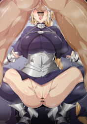 Rule 34 | 1boy, 1girl, absurdres, anus, armor, armored boots, bar censor, blonde hair, blush, boots, breasts, censored, cleft of venus, clothed female nude male, cum, cum in mouth, dark-skinned male, dark skin, drooling, embarrassed, facial, fate/apocrypha, fate/grand order, fate (series), feet, fellatio, from below, gluteal fold, gradient background, groin, hair ribbon, hetero, high heels, highres, jeanne d&#039;arc (fate), jeanne d&#039;arc (ruler) (fate), large breasts, legs, long hair, low-tied long hair, no eyes, no panties, nose blush, nude, oral, penis, pointless censoring, pussy, ribbon, saintshiro, saliva, simple background, solo focus, squatting, standing, sweat, testicles, thighhighs, thighs, tongue, tongue out, trembling, very long hair