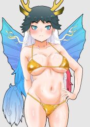 Rule 34 | 1girl, absurdres, bikini, black hair, blue eyes, blush, breasts, closed mouth, embarrassed, highres, horns, kemono friends, kemono friends 3, kirin (kemono friends), kumasyan1998, large breasts, long hair, multicolored hair, navel, red hair, simple background, solo, stomach, swimsuit, white hair, wings, yellow bikini