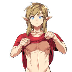 Rule 34 | 1boy, bare arms, blonde hair, closed mouth, clothes lift, collarbone, earrings, expressionless, grey background, jewelry, lifted by self, link, long hair, looking at viewer, male focus, monbetsu kuniharu, navel, nintendo, nipples, out-of-frame censoring, parted bangs, pectorals, pointy ears, shirt, shirt lift, short sleeves, simple background, solo, stomach, t-shirt, the legend of zelda, the legend of zelda: breath of the wild, toned, toned male, upper body
