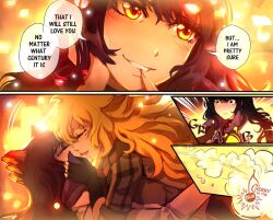 Rule 34 | 2girls, animal ears, artist name, black hair, blake belladonna, blonde hair, cat ears, cat girl, cherry in the sun, closed eyes, comic, english text, fingerless gloves, gloves, hand on another&#039;s face, hand on another&#039;s head, kiss, light blush, long hair, multiple girls, rwby, smile, yang xiao long, yellow eyes, yuri