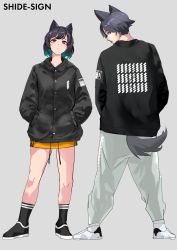 Rule 34 | 1boy, 1girl, absurdres, animal ear fluff, animal ears, black eyes, black footwear, black hair, black jacket, blue eyes, bob cut, breasts, cat ears, closed mouth, commentary request, contrapposto, dog ears, dog tail, eyebrows hidden by hair, fashion, from behind, full body, green hair, grey background, grey pants, hands in pockets, highres, jacket, legs apart, long sleeves, looking at viewer, looking back, miniskirt, multicolored hair, original, pants, pencil skirt, print shirt, profile, sakuhiko, shirt, shoes, side-by-side, simple background, skirt, smile, socks, standing, streetwear, t-shirt, tail, two-tone hair, white footwear, yellow skirt