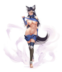 Rule 34 | 1girl, animal ear fluff, animal ears, aztodio, bare shoulders, barefoot, belt, black belt, black hair, blue eyes, blue shorts, blue thighhighs, breasts, bunny and fox world, cleavage, clothes lift, clothes pull, commentary, cryska (rune ocarina), english commentary, feet, full body, green eyes, halterneck, heterochromia, highres, large breasts, long hair, multicolored hair, navel, nipples, original, pants, pants pull, photoshop (medium), purple background, shin guards, shirt lift, shorts, solo, standing, tail, thighhighs, toeless legwear, toes, two-tone hair, white background, white hair