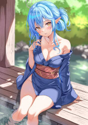 Rule 34 | 1girl, absurdres, ahoge, blue dress, blue hair, blurry, blurry background, blush, breasts, cleavage, collarbone, day, dress, elf, heart, heart ahoge, highres, hololive, japanese clothes, kimono, large breasts, looking at viewer, obi, oniku (o29sukizero), outdoors, parted lips, pointy ears, sash, short ponytail, side slit, single bare shoulder, sitting, soaking feet, solo, thighs, virtual youtuber, water, wide sleeves, yellow eyes, yukata, yukihana lamy