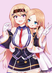 Rule 34 | 2girls, :q, absurdres, text background, bare shoulders, between breasts, black jacket, black skirt, blonde hair, blue eyes, blush, grabbing another&#039;s breast, breasts, brown hairband, closed mouth, collared shirt, commentary request, constellation (warship girls r), dress, fang, gloves, grabbing, grabbing from behind, hair between eyes, hair ornament, hairband, hairclip, hand under clothes, hand under shirt, highres, jacket, large breasts, long hair, long sleeves, multiple girls, necktie, necktie between breasts, off shoulder, open clothes, open jacket, open mouth, parted bangs, pink background, pleated dress, purple eyes, red neckwear, saratoga (warship girls r), shirt, simple background, skirt, sleeveless, sleeveless shirt, smile, thighhighs, tongue, tongue out, very long hair, warship girls r, white dress, white gloves, white shirt, x hair ornament, ze (wzfnn001)