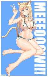 Rule 34 | 1girl, absurdres, animal ears, armpits, bare arms, bare legs, barefoot, bikini, blonde hair, blue background, blue eyes, blush, breasts, cat ears, cat tail, curvy, danfer3, fang, full body, highres, large breasts, looking at viewer, navel, original, simple background, sitting, smile, solo, stomach, swimsuit, tail, thighs, v, wide hips