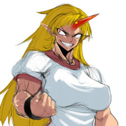 Rule 34 | 1girl, bad id, bad pixiv id, blonde hair, breasts, clenched hand, face, female focus, grin, horns, hoshiguma yuugi, large breasts, long hair, muscular, pointy ears, red eyes, sharp teeth, single horn, sketch, smile, solo, spacezin, teeth, touhou