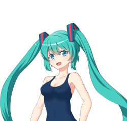 Rule 34 | 1girl, aqua eyes, aqua hair, hatsune miku, highres, hy (zhyaai), long hair, looking at viewer, one-piece swimsuit, open mouth, school swimsuit, simple background, solo, swimsuit, twintails, upper body, vocaloid, white background