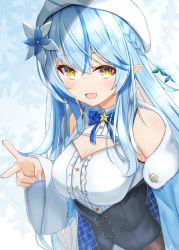 Rule 34 | 1girl, :d, ahoge, bare shoulders, beret, blue bow, blue bowtie, blue hair, blue nails, blush, bow, bowtie, braid, breasts, center frills, cleavage, cleavage cutout, clothing cutout, coat, divergenceok, elf, flower, frills, fur-trimmed coat, fur trim, hair between eyes, hair flower, hair ornament, half updo, hat, hololive, long hair, looking at viewer, medium breasts, multicolored hair, nail polish, off-shoulder coat, off shoulder, open mouth, pointy ears, raised eyebrows, side braid, smile, solo, streaked hair, underbust, v, virtual youtuber, yellow eyes, yukihana lamy