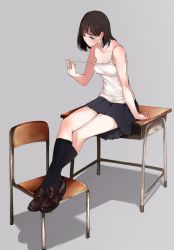 Rule 34 | 1girl, arm at side, arm up, black footwear, black hair, black skirt, black socks, blunt bangs, breasts, chair, cleavage, desk, feet on chair, grey background, highres, jpeg artifacts, kneehighs, loafers, miniskirt, on desk, original, pleated skirt, pulling own clothes, school chair, school desk, shoes, short hair, simple background, sitting, on desk, skirt, small breasts, socks, solo, strap pull, tank top, tsukino wagamo