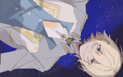 Rule 34 | 1boy, blonde hair, blue vest, closed mouth, ensemble stars!, idol clothes, jacket, looking at viewer, male focus, necktie, norma sni, shirt, short hair, sketch, sky, smile, solo, star (sky), star (symbol), starry background, starry sky, tenshouin eichi, vest, white jacket, white necktie, white shirt