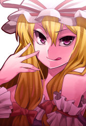 Rule 34 | 1girl, :q, aged down, bad id, bad pixiv id, blonde hair, detached sleeves, face, female focus, finger to face, hand on own face, hat, highres, irohara mitabi, long hair, purple eyes, solo, tongue, tongue out, touhou, yakumo yukari