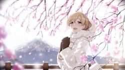 Rule 34 | 1girl, aiba yumi, blonde hair, blush, brown eyes, brown gloves, brown hair, casino (casinoep), cherry blossoms, commentary request, fur trim, gloves, highres, idolmaster, idolmaster cinderella girls, jacket, looking at viewer, open mouth, outdoors, short hair, smile, solo, teeth, upper body, upper teeth only, white bag, white jacket, winter clothes