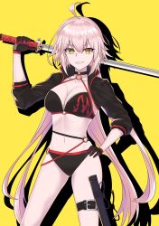 Rule 34 | 1girl, absurdres, ahoge, bikini, bikini top only, black bikini, black gloves, breasts, choker, cleavage, collarbone, fate/grand order, fate (series), floating hair, gloves, grin, hair between eyes, hand on own hip, hayata (ayasaki index), highres, holding, holding sword, holding weapon, jeanne d&#039;arc alter (swimsuit berserker) (fate), jeanne d&#039;arc (fate), jeanne d&#039;arc alter (fate), jeanne d&#039;arc alter (swimsuit berserker) (fate), katana, large breasts, long hair, o-ring, print bikini, print bikini top, shadow, sheath, shrug (clothing), silver hair, simple background, smile, solo, swimsuit, sword, thigh strap, very long hair, weapon, yellow background, yellow eyes