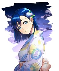 Rule 34 | 1girl, blue eyes, blue flower, blue hair, blue kimono, closed mouth, earrings, flower, from side, hair flower, hair ornament, hydrangea, ira megumi, japanese clothes, jewelry, kawaii joushi o komarasetai, kimono, leaf hair ornament, looking at viewer, looking to the side, obi, pink flower, pink sash, sash, smile, solo, tachibana roku, upper body