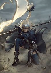 Rule 34 | 1girl, armor, armored boots, armored dress, army, artist name, battle, blonde hair, blue eyes, blue thighhighs, boots, braid, cloud, cloudy sky, commentary, dress, english commentary, fate/apocrypha, fate (series), faulds, floating hair, floating rock, gauntlets, headpiece, highres, jeanne d&#039;arc (fate), jeanne d&#039;arc (ruler) (fate), kneeling, long braid, long hair, looking at viewer, on one knee, plackart, raikoart, rock, signature, single braid, sky, solo focus, standard bearer, thighhighs, war