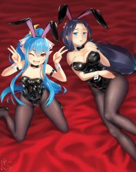 Rule 34 | 2girls, ;d, animal ears, arm strap, bettle (b s a n), black footwear, black hair, black legwear, black leotard, black neckwear, blue eyes, blue hair, blush, breast suppress, breasts, brown eyes, covered navel, crescent, detached collar, double v, fake animal ears, from above, hair between eyes, high heels, hikage (sennen sensou aigis), kaguya (sennen sensou aigis), kneeling, large breasts, leotard, long hair, looking at viewer, low-tied long hair, lying, multiple girls, on back, one eye closed, open mouth, pantyhose, parted lips, playboy bunny, pointy ears, ponytail, sennen sensou aigis, smile, thick eyebrows, thighband pantyhose, v, very long hair, wrist cuffs