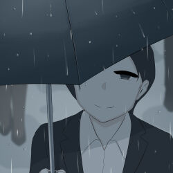Rule 34 | 1boy, absurdres, avogado6, blurry, blurry background, closed mouth, collared shirt, commentary request, day, formal, greyscale, half-closed eyes, highres, holding, holding umbrella, light blush, looking up, male focus, monochrome, one eye covered, original, outdoors, people, rain, shirt, short hair, smile, solo focus, suit, umbrella