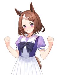 Rule 34 | 1girl, animal ears, blush, bow, bowtie, breasts, brown hair, clenched hands, closed mouth, hair ornament, hairclip, hands up, highres, horse ears, horse girl, horse tail, katuko deluxe, looking at viewer, multicolored hair, pink eyes, purple shirt, sailor collar, school uniform, shirt, short hair, short sleeves, simple background, skirt, small breasts, smile, solo, streaked hair, tail, tracen school uniform, tsurumaru tsuyoshi (umamusume), umamusume, upper body, white background, white skirt