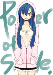 Rule 34 | 1girl, :p, blouse, blue hair, breasts, clover, english text, facial tattoo, four-leaf clover, hair ornament, hairclip, hands in pockets, hood, hoodie, kodou tamaki, long hair, original, paint, power of smile, red eyes, shirt, skirt, smile, solo, tattoo, tongue, tongue out, uro (urotanc), zipper