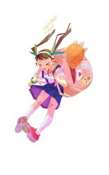 Rule 34 | &gt; &lt;, 1girl, :3, backpack, bag, bakemonogatari, bandaid, bandaid on knee, bandaid on leg, black hair, blue skirt, bracelet, character name, female focus, full body, green bracelet, hachikuji mayoi, hairband, heart (symbol), highres, holding strap, jewelry, kneehighs, monogatari (series), pink bag, red ribbon, ribbon, shimogamo koushi, shirt, shoes, short sleeves, simple background, skirt, socks, solo, suspender skirt, suspenders, tongue, tongue out, twintails, white background, white hairband, white shirt, white socks