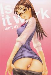 Rule 34 | 1girl, absurdres, ass, blush, breasts, brown eyes, brown hair, business suit, comic anthurium, formal, glasses, hair ornament, hairclip, highres, long hair, looking at viewer, looking back, medium breasts, miniskirt, naughty face, office, office lady, open mouth, panties, shirou masamune, skirt, skirt suit, solo, suit, thong, underwear, undressing