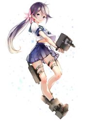 Rule 34 | 10s, 1girl, akebono (kancolle), bell, cannon, flower, full body, hair bell, hair flower, hair ornament, kantai collection, long hair, machinery, purple eyes, purple hair, school uniform, serafuku, side ponytail, simple background, sketch, smile, sola (solo0730), solo, turret, very long hair, white background