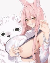Rule 34 | 1girl, animal ear fluff, animal ears, areola slip, armpit peek, blush, breasts, claw pose, clothes pull, commentary request, covering nipples, covering privates, dera self, detached sleeves, goddess of victory: nikke, grin, hair between eyes, hand up, highres, large breasts, leona (nikke), lion, long hair, looking at viewer, pasties, pink hair, pulled by self, shirt, shirt pull, sideboob, sideless outfit, sideless shirt, simple background, smile, solo, teeth, timi (nikke), turtleneck, turtleneck shirt, upper body, white background, white shirt, white sleeves, yellow eyes