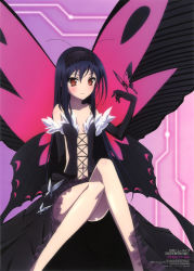 Rule 34 | 10s, 1girl, absurdres, accel world, antenna hair, bare shoulders, black hair, bug, butterfly, butterfly wings, dress, elbow gloves, gloves, hairband, highres, insect, insect wings, kuroyukihime, long hair, long legs, newtype, nomura masashi, official art, red eyes, skirt, solo, wings