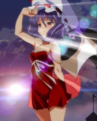 Rule 34 | 1girl, alternate costume, anime coloring, bat wings, bondance012, breasts, camisole, casual, cleavage, dress, hat, highres, light trail, mob cap, purple hair, red dress, red eyes, remilia scarlet, short hair, small breasts, solo, strap slip, touhou, wind, wings