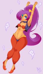 Rule 34 | 1girl, armpits, arms up, artist request, bandeau, blue eyes, bracer, breasts, choker, cleavage, clenched hand, earrings, full body, groin, harem pants, highres, hoop earrings, jewelry, long hair, midriff, navel, pants, pointy ears, ponytail, purple hair, shantae, shantae (series), shoes, small breasts, smile, solo, stretching, tiara, very long hair, vest