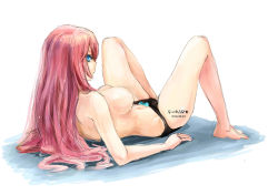 Rule 34 | 1girl, artist name, bare legs, barefoot, black panties, blue bow, blue eyes, blue nails, bow, bow panties, breasts, female focus, from behind, funkid, highres, knees up, large breasts, legs, long hair, looking at viewer, looking back, looking to the side, lying, megurine luka, nail polish, no bra, on back, panties, pink hair, profile, simple background, solo, spread legs, topless, underwear, vocaloid, white background