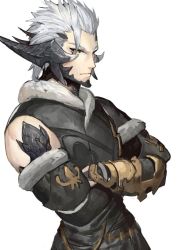 Rule 34 | 1boy, akizone, armor, au ra, warrior of light (ff14), black horns, commentary, cowboy shot, detached sleeves, final fantasy, final fantasy xiv, half-closed eyes, horns, leather, male focus, scales, short hair, simple background, solo, white background, white hair, yellow eyes